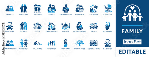 Family icon set. Containing parents, mother, father, children, baby, grandparents, household, home, pregnancy, siblings and more. Solid vector icons collection.