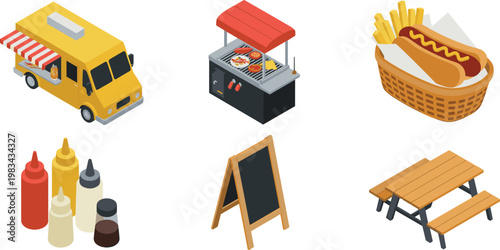 Isometric street food vector set featuring yellow food truck, hot dog basket, grill station, condiments, blackboard and picnic table,