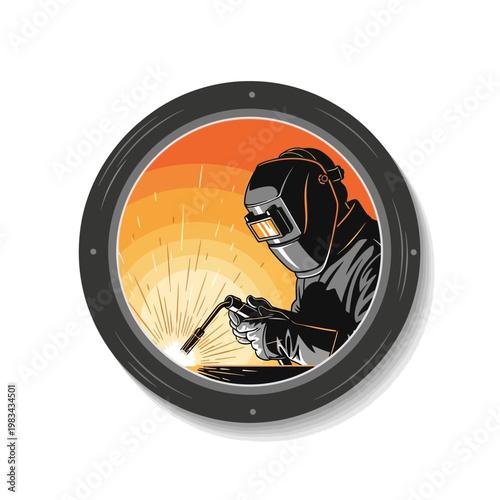 Welder in protective gear sparks bright light while working, industrial illustration