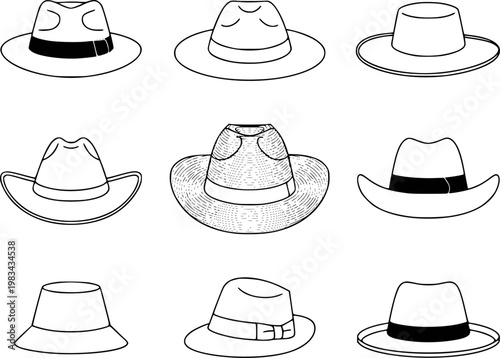 Collection of diverse fedora and cowboy hat white background, headwear