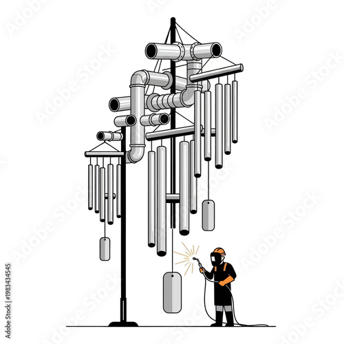 Welder Installing Large Metal Wind Chime Sculpture