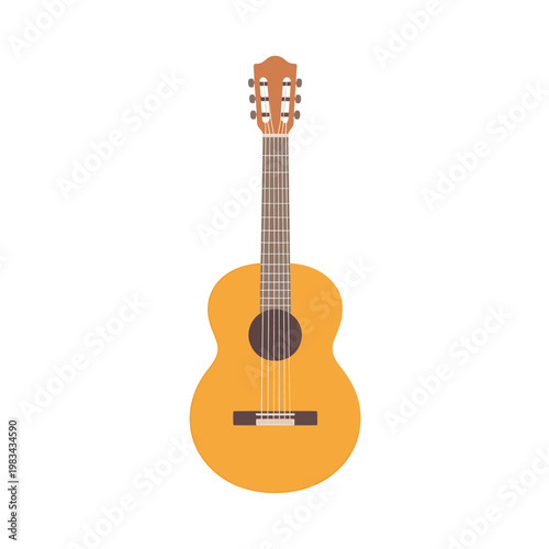 Acoustic guitar with six strings and brown neck isolated on white background