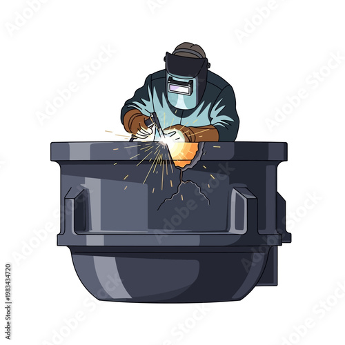 Welder repairing industrial metal casting with sparks flying