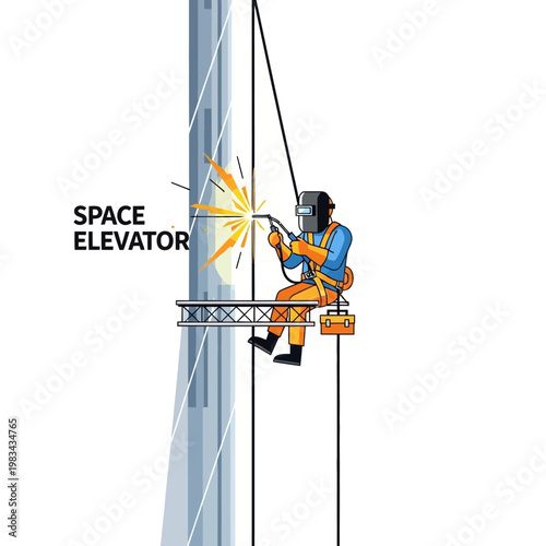 Space Elevator Construction Worker Welding High Up on Futuristic Tower