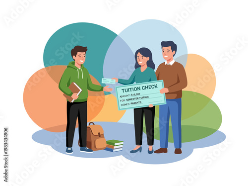 Family parents giving tuition check for son college education