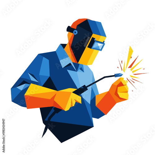 Welder Worker with Welding Mask and Torch, Geometric Style Illustration