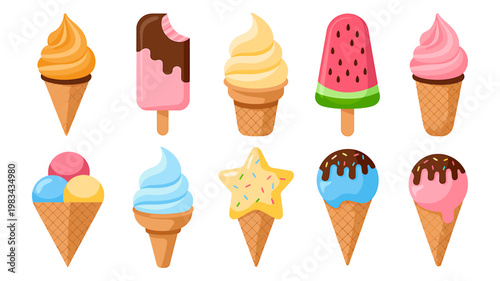 Colorful cartoon ice cream cones and popsicles on white background