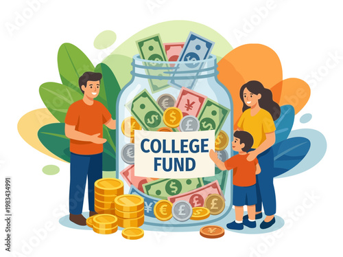 Family saving money for college education fund in a glass jar
