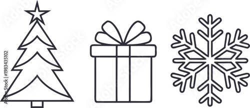 Christmas gift box with star and snowflake in black line