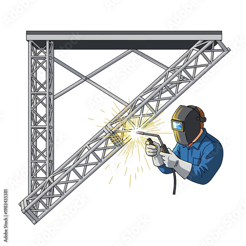 Welder working on a metal truss structure, sparks flying, construction and industry concept