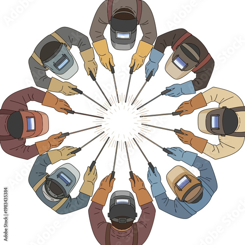 Team of welders in circle holding welding torches, overhead view, teamwork concept