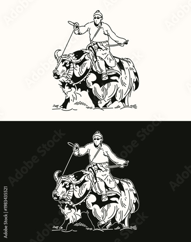 Tibetan Nomad Riding Yak on Himalayan Plateau – Traditional Culture Vector Illustration
