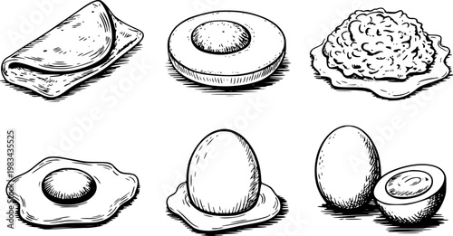 Hand-drawn collection of different egg preparations, including scrambled, fried, and boiled eggs