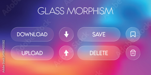 A vibrant glass morphism user interface with download save upload and delete options silhouette high quality