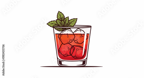 Refreshing red drink with ice and mint in a glass