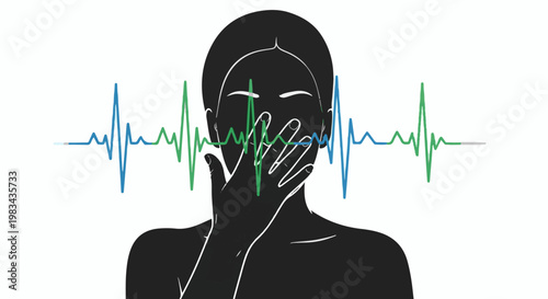 Silhouette of face with hand covering mouth overlaid by waveform lines
