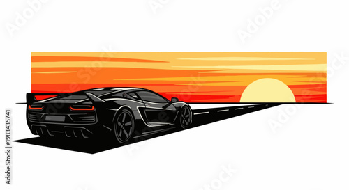 Sleek black sports car speeds down an asphalt road towards a vibrant sunset