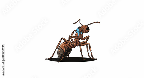 A brown ant with a blue scarf tied around its neck
