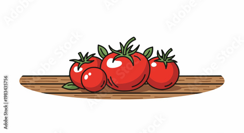 A bunch of ripe red tomatoes with green stems are displayed on a wooden plank