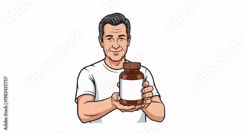 Smiling man in white shirt holds up brown bottle with blank label