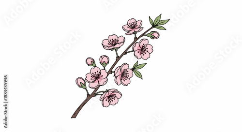 A delicate branch with pink blossoms and green leaves, rendered in a simple, illustrative style
