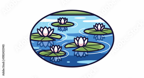 A circular graphic of water lilies floating on a serene blue pond with green lily pads