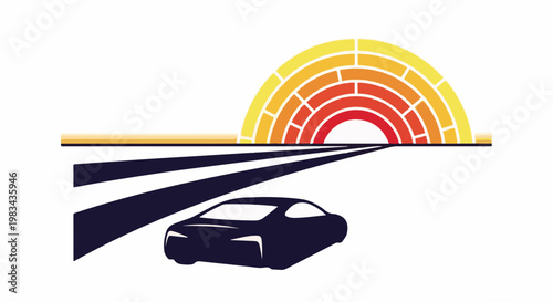 Stylized sunset over a highway with a car driving towards it