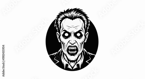 Terrifying zombie with wide eyes and bared fangs, in black and white