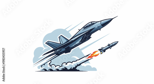 A combat jet maneuvers with a missile launch against a white background