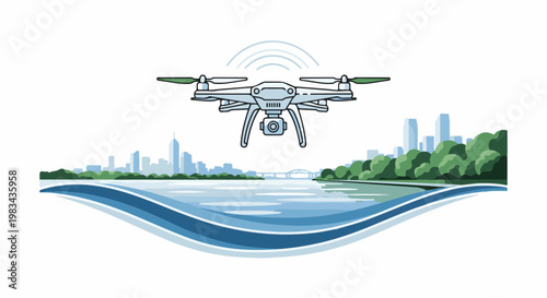 A drone hovers above a city skyline and tranquil water