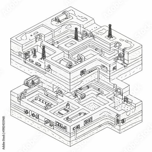 Isometric illustration of a complex underground bunker with multiple levels and rooms.