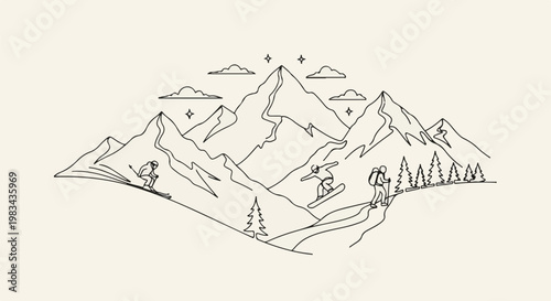 A line drawing depicts a mountainous landscape with various winter sports activities