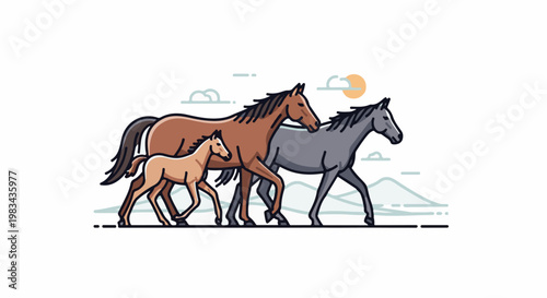 Three horses, a foal, and adult, walk across a minimalist landscape