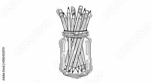 A drawing of a glass jar overflowing with sharpened pencils