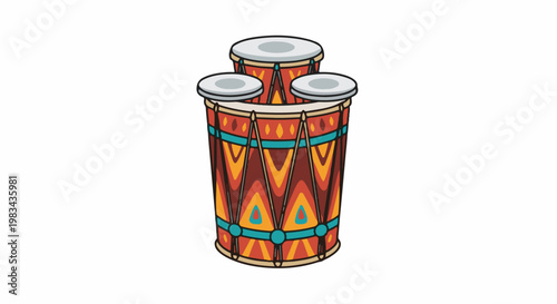 Three conical drums with vibrant tribal patterns and grey heads
