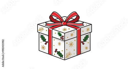 A festive gift box adorned with holly, snowflakes, and festive sprigs