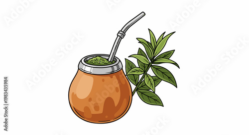 Traditional gourd with straw for drinking yerba mate, with leaves