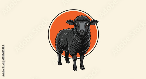 A stylized black sheep stands centered within an orange circle against a cream background