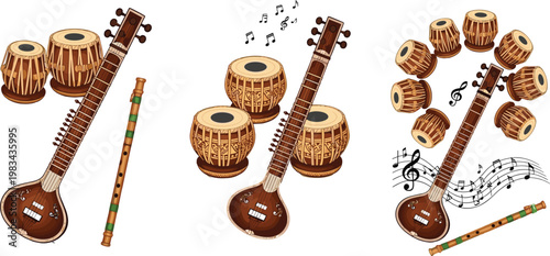 Traditional Indian Musical Instruments Set with Sitar, Tabla, Flute, and Musical Notes for Cultural and Folk Music Designs