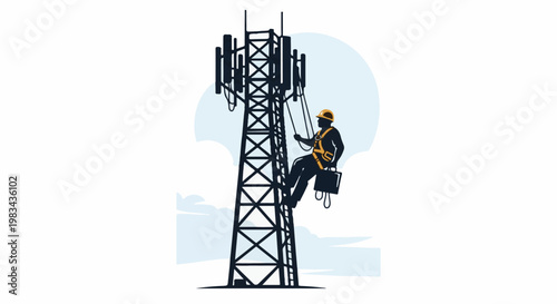 A worker in safety gear climbs a tall cell tower against a cloudy sky