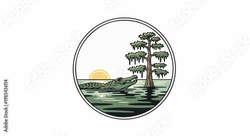 Alligator swims near cypress tree with sun setting over swamp water