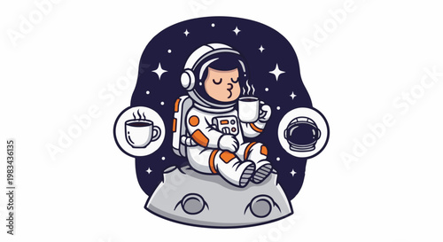 Astronaut relaxing on moon with coffee and helmet