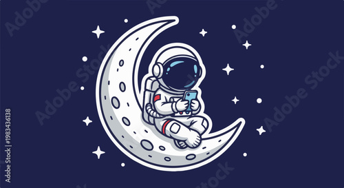 Adorable astronaut in a spacesuit sits on the moon, engrossed in their phone