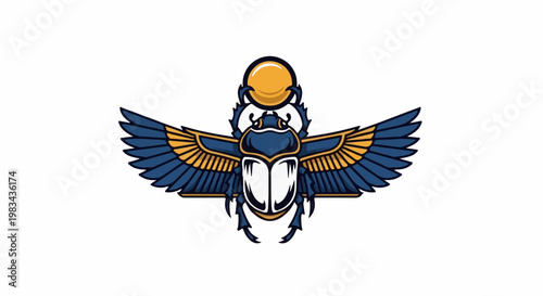 Blue winged scarab beetle with gold accents and sun ball