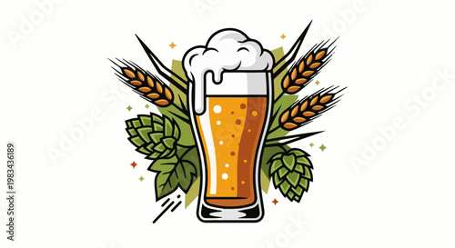 A glass of amber beer with frothy head, surrounded by hops and wheat