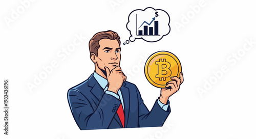Businessman contemplating a golden coin with a growth chart