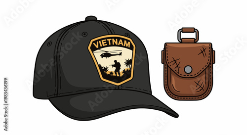 Black cap with "Vietnam" patch, and a brown satchel