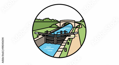 Stylized illustration of a canal lock with a bridge in the background