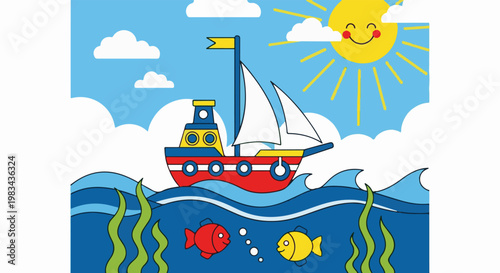 A cheerful sun smiles on a colorful sailboat sailing on wavy blue seas