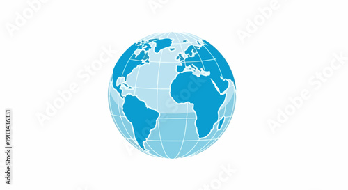 Stylized globe with continents in blue and lighter blue on white background